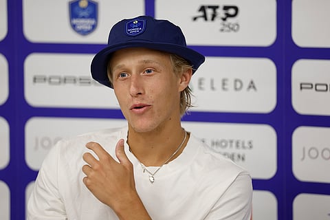 Leo Borg of Sweden speaks during a press conference in Bastad